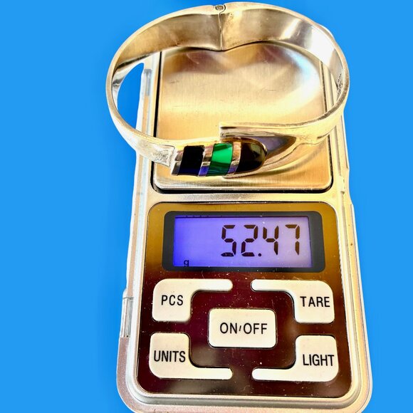 Sterling Silver 925 Bracelet Malachite + Onyx Hinged Bracelet Taxco Mexico 52 gr - Picture 7 of 16